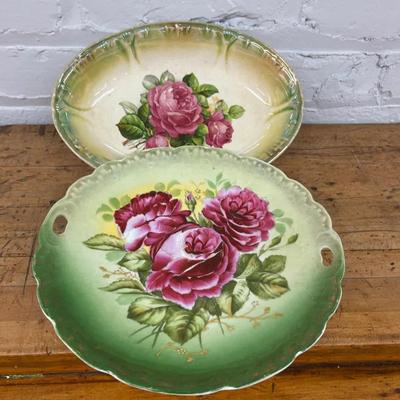 Vintage Hand Painted German Rose Motif Tray And Transfer Decorated Plate