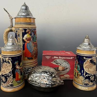 Vintage ‘The Supernut’ Silver Tone German Nutcracker Plus Beer Steins (3)