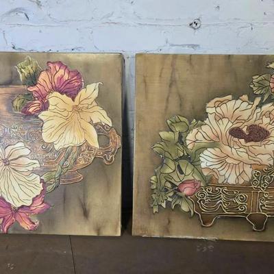 Pair Of Vintage Style, Embellished Floral Wall Art On Wood