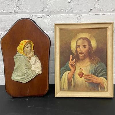 Italian Madonna Wall Plaque With Vintage Florence Kroger Framed Religious Print 