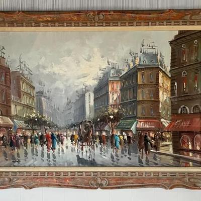 Expressionism Framed Oil Painting Of Figural Cityscape On Canvas