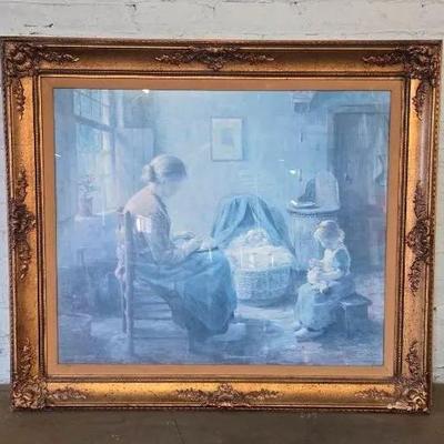 Signed Print By Evert Pieters Of An Interior Home Scene Of Woman And Children In Ornate Wooden Frame