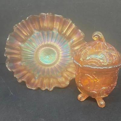 Vintage Fenton Marigold Iridescent Glass Bowl And Imperial Louis XIV Footed Candy Jar