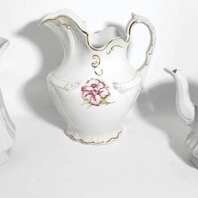 Vintage/Antique Chamber Pitcher, Matching Pitcher And Teapot