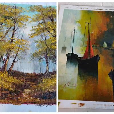 Vivid Trees & Sailboat Scene Oil Paintings 
