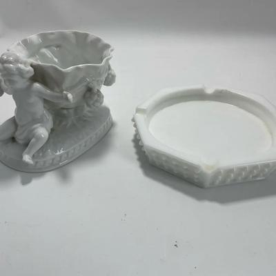Cherub Holding Dish & Fenton Ashtray Hobnail Milk Glass- Vintage