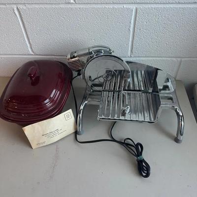 Vintage Meat Slicer & Stoneware Dish