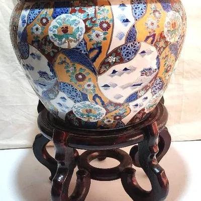 Oversized Asian Ceramic Pot With Wooden Stand