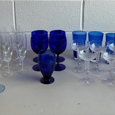 Ornate Stemmed Clear and Cobalt Glassware 