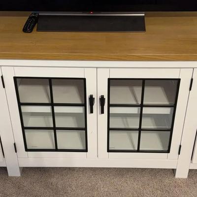 Large White Farmhouse-Style TV Stand with Wood Top