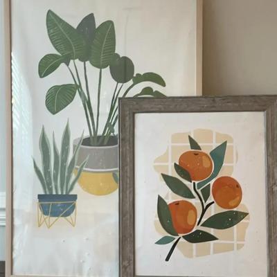 Botanical & Citrus Wall Art Prints, featuring Potted Plants & Orange Branch Motif