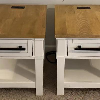 White Wooden End Tables with Birch-Style Tops, featuring Built-In Outlets & USB Ports