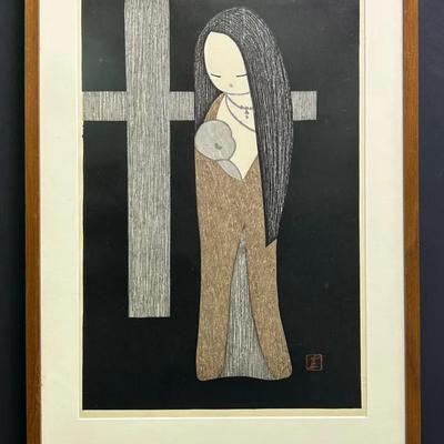 Koaru Kawano Japanese Woodblock Print Mother & Child - Framed 21x14”