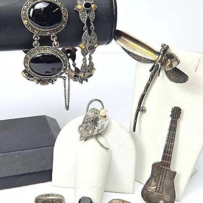 Sterling Silver Marcasite Bracelets Plus Brooches & Rings
