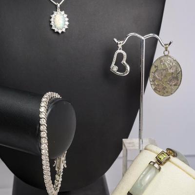 Sterling Silver Cubic Zirconia & Jadeite Look Bracelets, Pendants, 18" Necklace