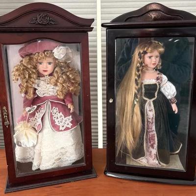 Ashley Belle & Brass Key Porcelain Dolls with Wood Display Case 