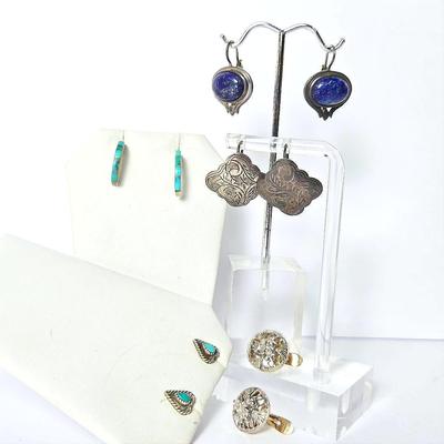 Sterling Silver Turquoise, Diamond, Lapis Lazuli & Etched Earrings