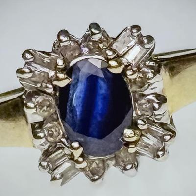 14K Gold Sapphire With Diamond Halo Ring  - Size 6.75
