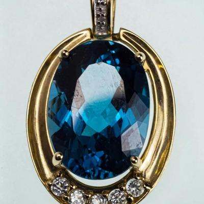 10K Gold Blue & White Topaz Pendant- 1.25” Long