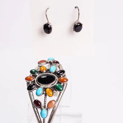 Signed RS Sterling Silver Turquoise & Stone Cuff Bracelet & Onyx Earrings 