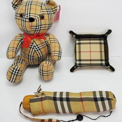 Burberry Catchall, 9” Teddy Bear & Umbrella 
