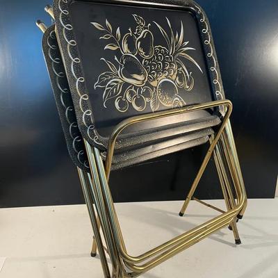 Vintage 50s Cal-Dak Black & Gold Folding Metal TV Trays w/ Fruit Motif