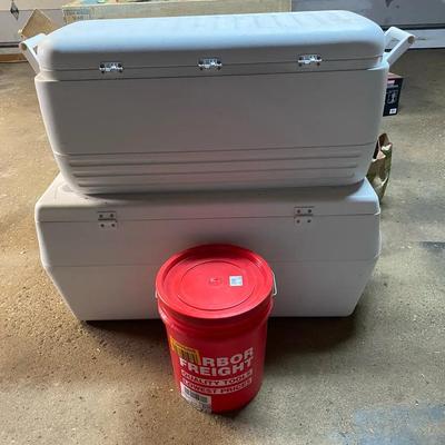 2 Very Large Coolers & 1 Five Gallon Bucket With Lid