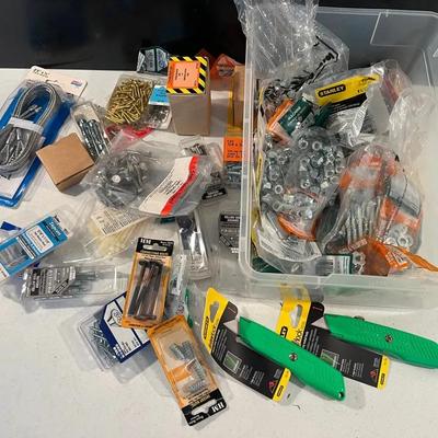 Various Hardware Items & Tools Ft Anchors, Nuts, Washers & Utility Knives.