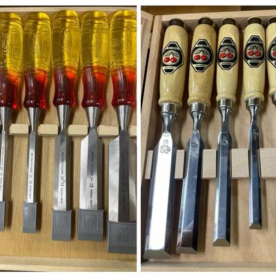 Two Chisel Sets Marples Bevel Edge Sheffield England In Wooden Box And Wooden Handle Made In Germany