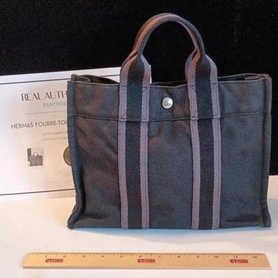 Hermes Authentic Fourre-Tout PM Canvas Tote Bag, Black W/ Gray