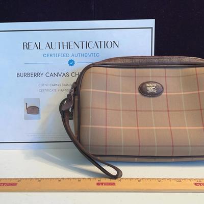 Burberry Authentic Leather Trim Canvas Clutch Check