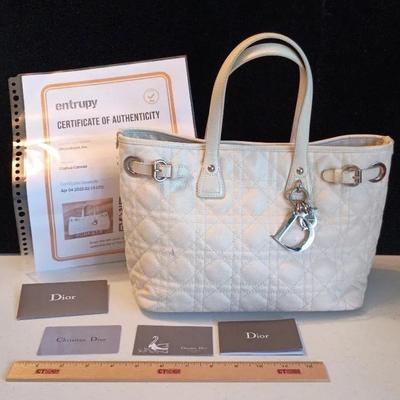 Christian Dior Authentic Panarea Cannage Stitch Tote Bag, White/ Putty Coated Canvas