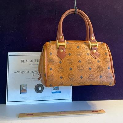 MCM Authentic Leather Accent Small Boston Bag Cognac 