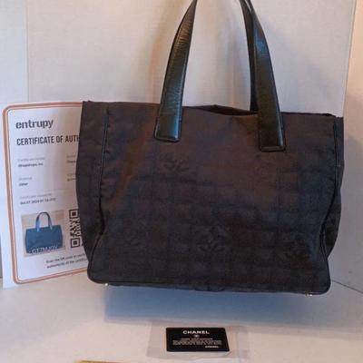 Chanel Authentic Travel Line Tote Bag, Black Nylon Jacquard Canvas W/ Leather Trim