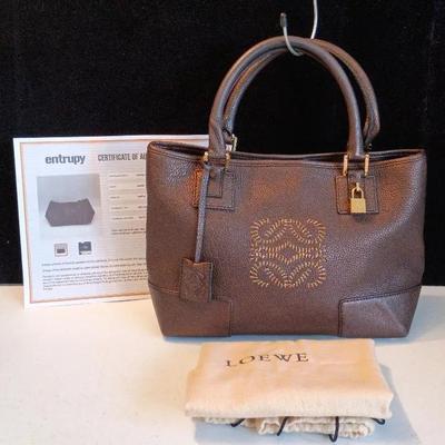 Loewe Authentic Fusta Anagram Amazona Handbag In Metallic Brown Leather 