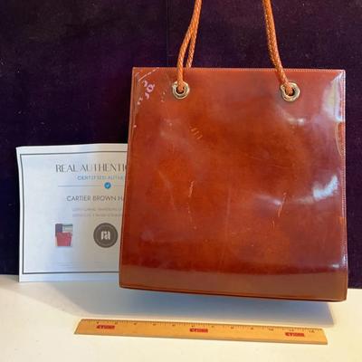 Cartier Authentic Patent Leather Handbag Brown 