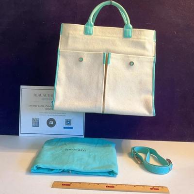 Tiffany & Co Authentic Canvas Top Handle Tote Cream & Blue
