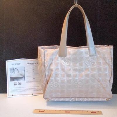 Chanel Authentic Travel Line Tote Bag, Beige Nylon Jacquard Canvas W/ Leather Trim