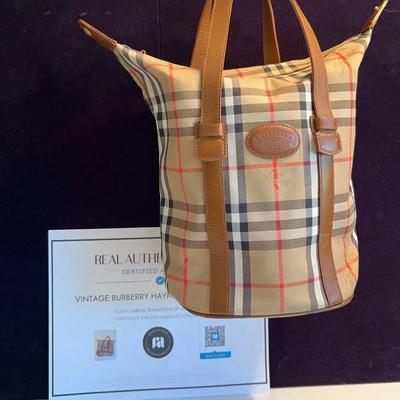 Burberry Authentic Leather Trim Tote Bag Haymarket Check