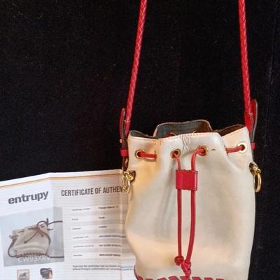 Fendi Authentic Mini Mon Tresor 8BS010 Bucket Bag, Tan Calfskin Leather W/ Red