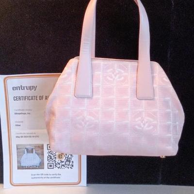 Chanel Authentic Travel Line Tote Bag, Pink Nylon Jacquard Canvas W/ Leather Trim