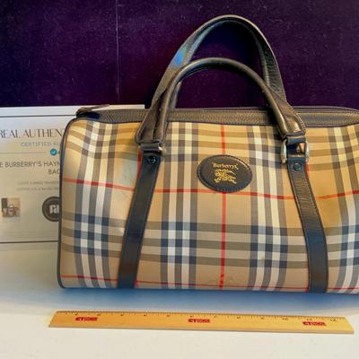 Burberry Authentic Leather Trim Boston Bag Haymarket Check