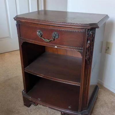Antique Carved Wood Nightstand with Drawer & Shelves