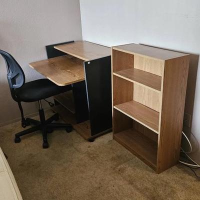 Compact Desk, Rolling Office Chair & Small Bookcase