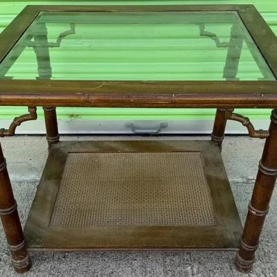 Vintage Glass-Top Wooden Side Table with Turned Legs & Lower Shelf