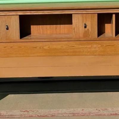 Vintage Wooden Headboard with Built-In Shelving and Side Storage Towers