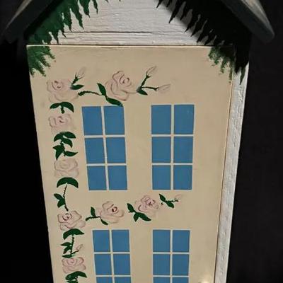 Hand-Painted Wooden House Cabinet Wall Decor – Cottage Style with Birdhouse Roof