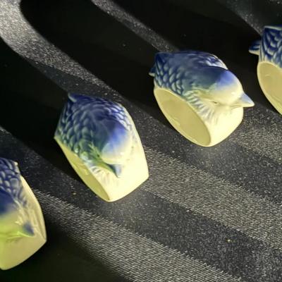 Set of 4 Hand-Painted Ceramic Bird Napkin Rings – Blue & White