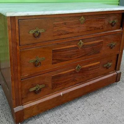 Antique Wooden Dresser with White Marble Top – 3 Drawers, Brass Hardware