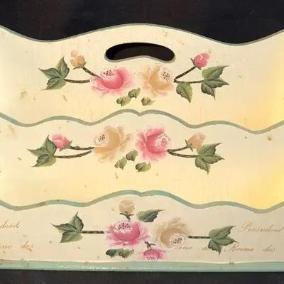 Vintage Hand-Painted Wooden Letter Holder / Desk Organizer – Floral Décor – French Script 
